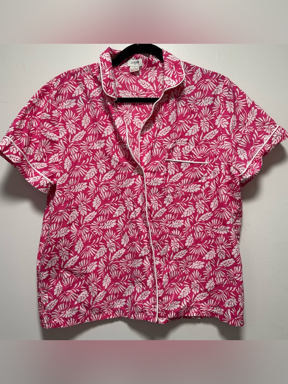 J. Crew Pink & White Leaf Print Short Sleeve Button-Down Shirt and Shorts PJ Set